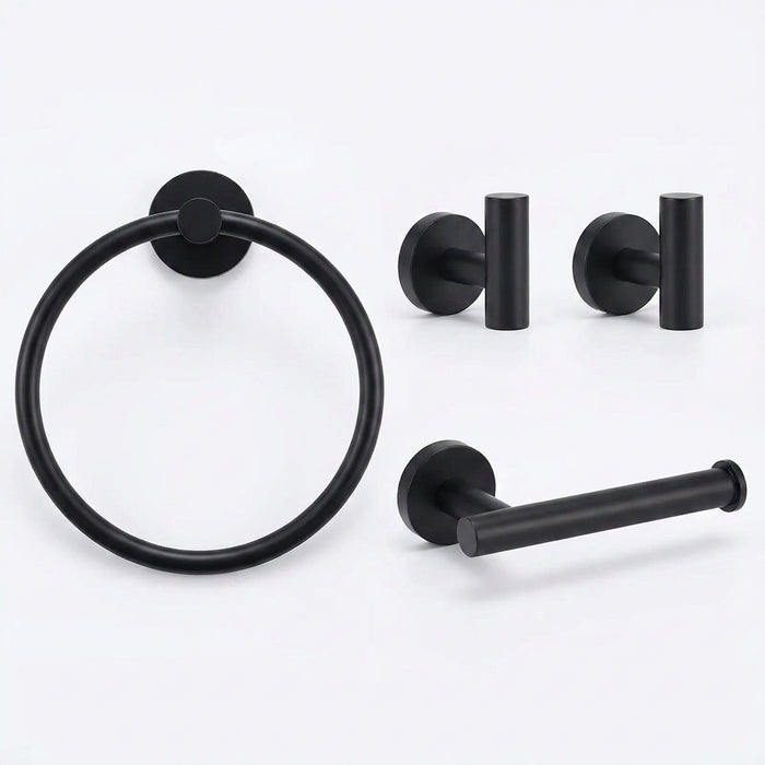 4-piece Stainless Steel Bathroom Set — Toilet Roll Holder, Towel Ring & 2 Hooks