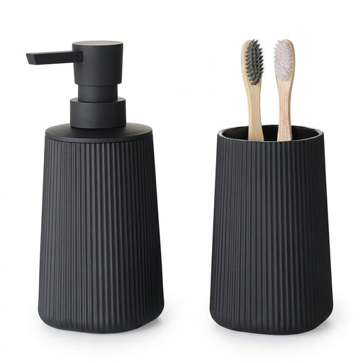 2-Piece Bathroom Set – Soap Dispenser & Toothbrush Holder, Striped Black