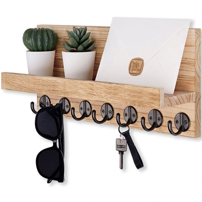Wood Wall-Mounted Key & Mail Holder with 7 Hooks and Shelf