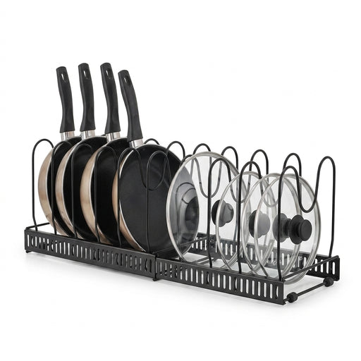 Expandable Pan & Lid Organiser Rack – 10 Adjustable Dividers, 2 Metal Frames