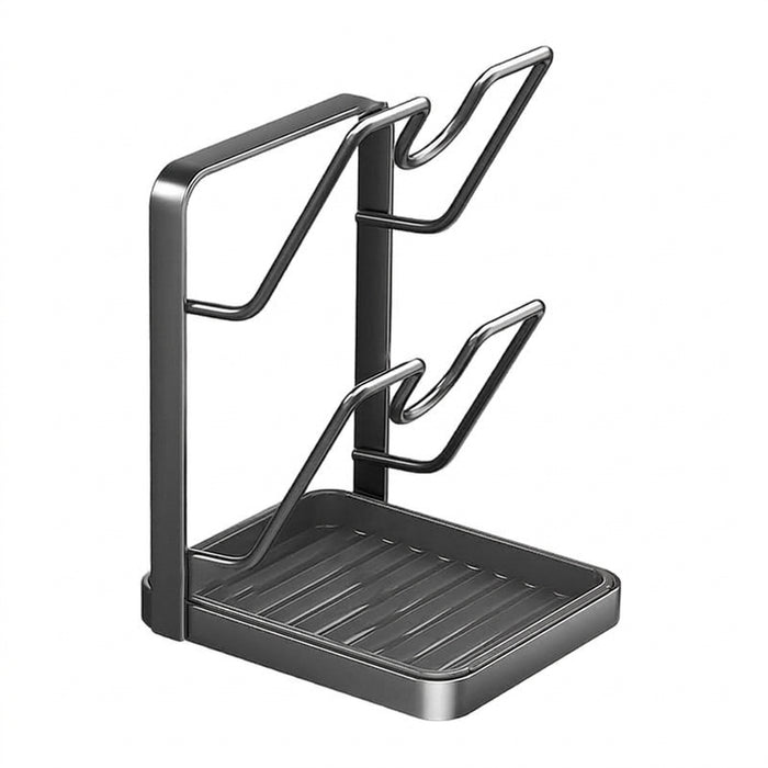 Pot Lid & Cutting Board Rack — Steel Holder with U‑Shaped Slots & Drip Tray