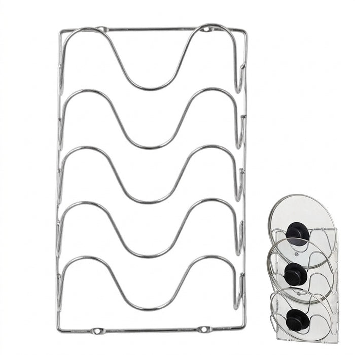 5-Tier Wall-Mounted Pot Lid Rack — Stainless Steel, Foldable, Space-Saving