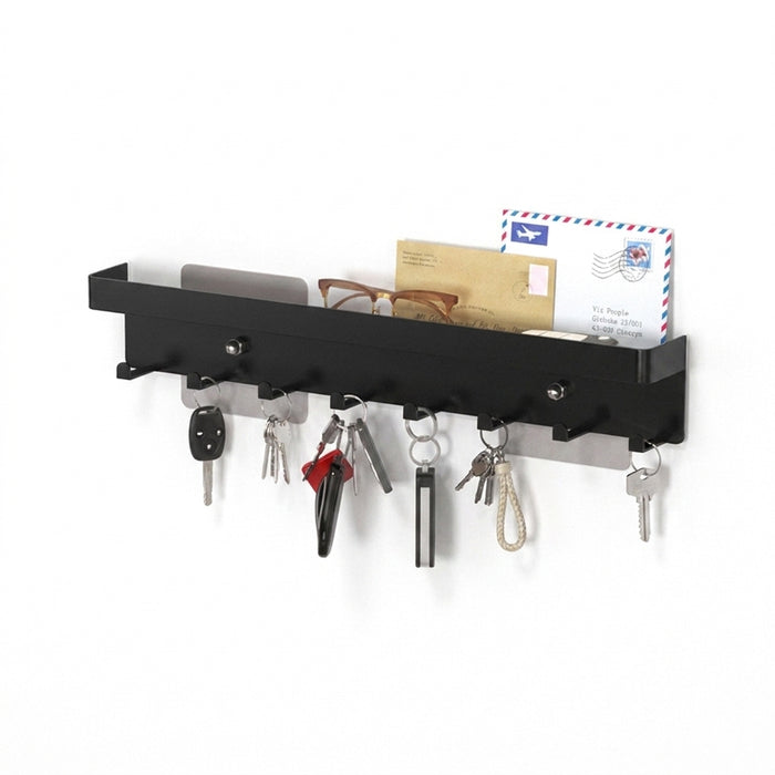 Wall-Mounted Key Organiser with Tray and Hooks – No-Drill or Drill Fixing