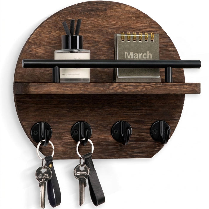 Wall-mounted round wooden key rack with shelf and 8 hooks — apartment wall décor