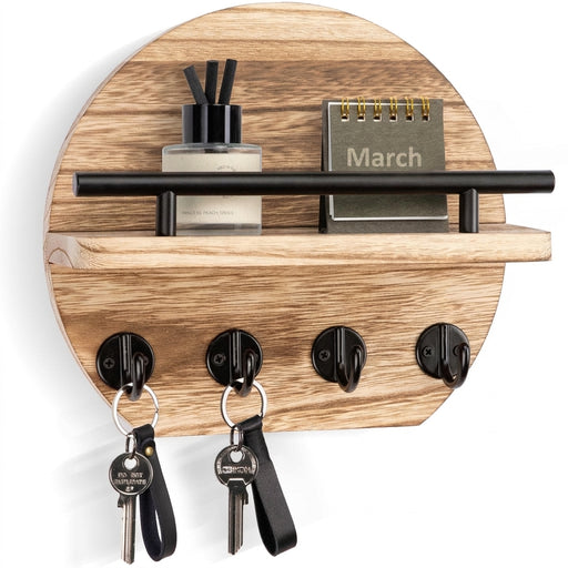 Wall-mounted round wooden key rack with shelf and 8 hooks — apartment wall décor