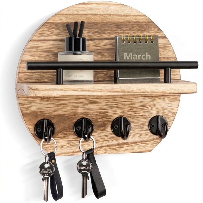 Wall-mounted round wooden key rack with shelf and 8 hooks — apartment wall décor