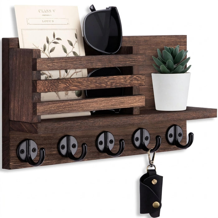 Wall-Mounted Wooden Key & Mail Rack with 5 Metal Hooks, Fittings Included