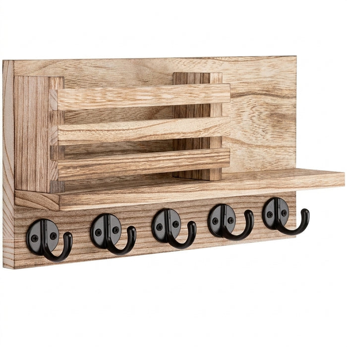 Wall-Mounted Wooden Key & Mail Rack with 5 Metal Hooks, Fittings Included
