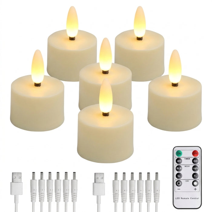 Rechargeable Flameless LED Tea Lights with Remote & Timer — 3D Flicker, 2700K