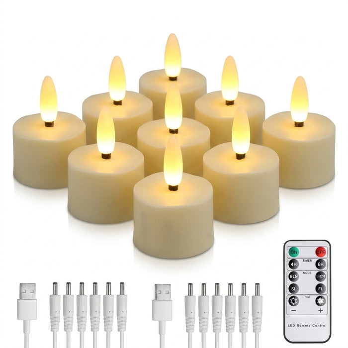 Rechargeable Flameless LED Tea Lights with Remote & Timer — 3D Flicker, 2700K