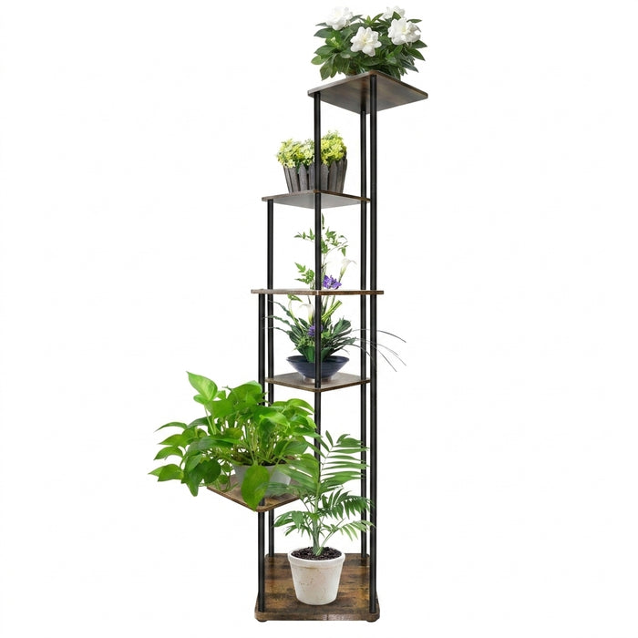 6-Tier Corner Plant Stand — Metal Frame with Wooden Shelves for Indoor & Outdoor