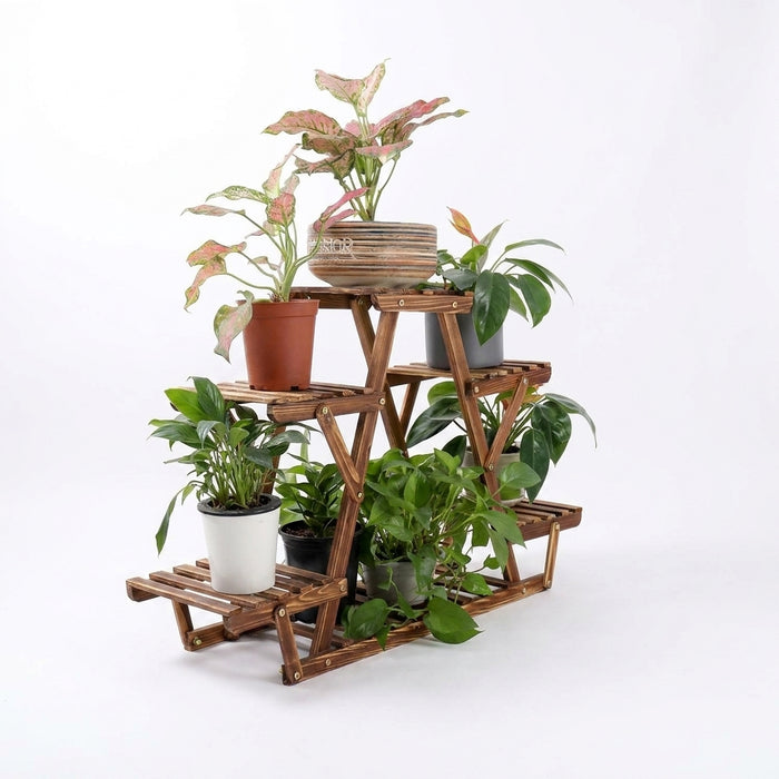 6-Tier Carbonised Triangle Corner Plant Stand — Pine & Metal, Stained Brown