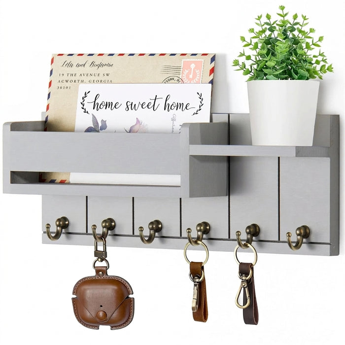 Rustic Wood Key Rack & Mail Organiser — 6 Hooks with Shelf, Wall-Mounted