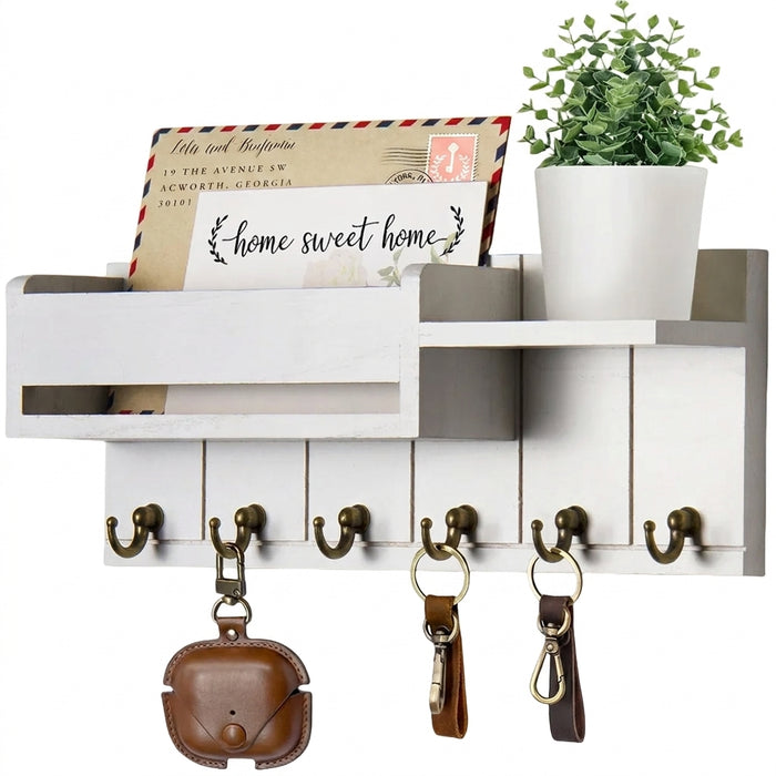 Rustic Wood Key Rack & Mail Organiser — 6 Hooks with Shelf, Wall-Mounted