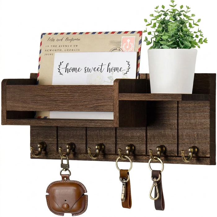 Rustic Wood Key Rack & Mail Organiser — 6 Hooks with Shelf, Wall-Mounted