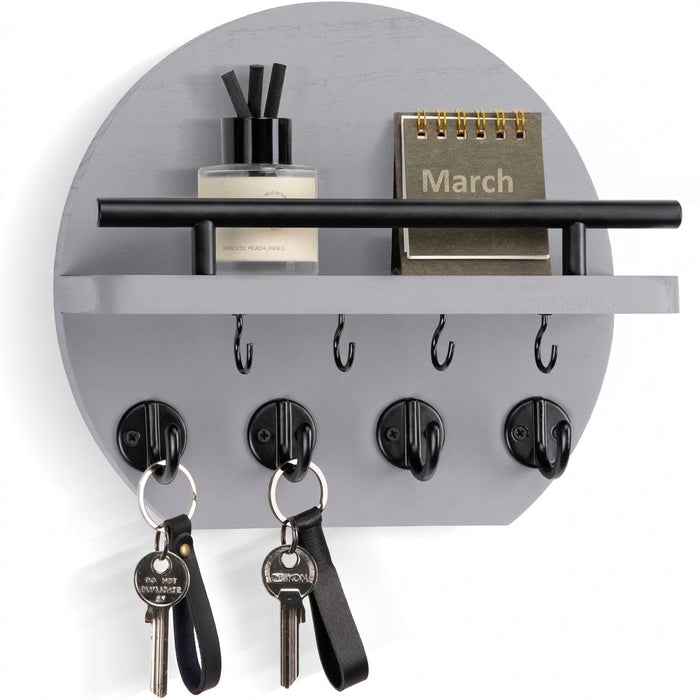 Wooden Wall-Mounted Key & Mail Holder with 8 Key Hooks and Shelf for Sunglasses & Dog Lead