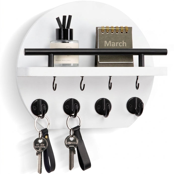 Wooden Wall-Mounted Key & Mail Holder with 8 Key Hooks and Shelf for Sunglasses & Dog Lead