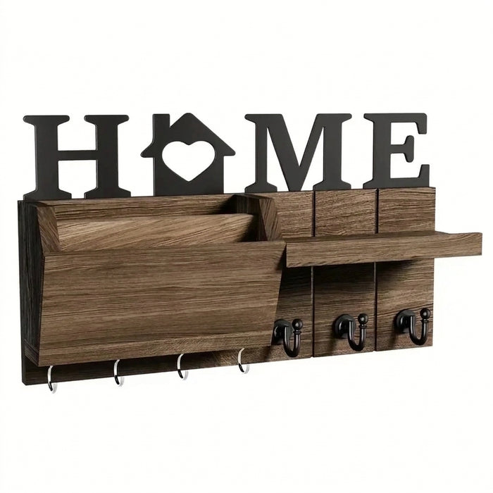 Rustic Wooden Wall-Mounted Organiser with Shelf and 7 Hooks