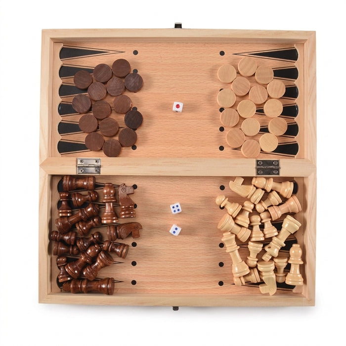 3-in-1 Wooden Board Game Set — Chess, Draughts & Backgammon, 29×29cm