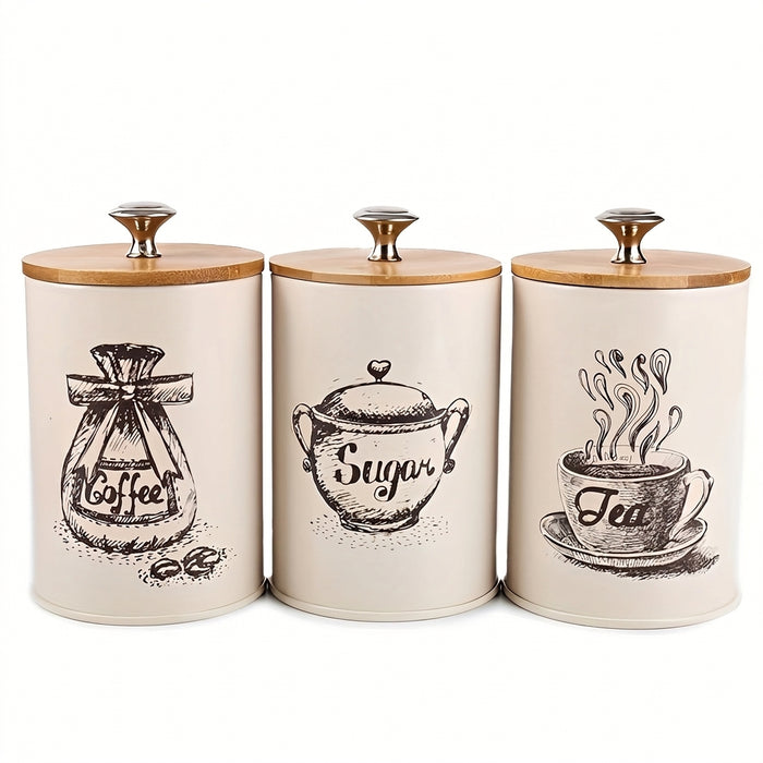 3-Piece Kitchen Canister Set — Coffee, Sugar & Tea Storage with Bamboo Lids