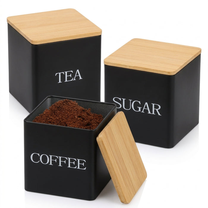 3‑Piece Coffee, Tea & Sugar Canister Set — Metal Jars with Bamboo or Iron Airtight Lids