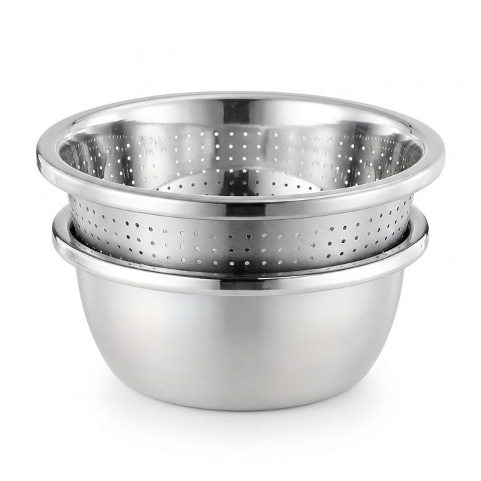 2-Piece Stainless Steel Colander & Mixing Bowl Set — Rice Washer and Strainer