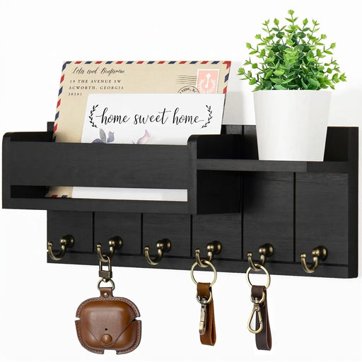 Rustic Wooden Key Rack & Mail Organiser — 6 Hooks with Shelf