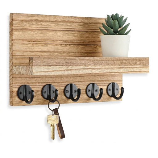 Wall-mounted Key and Mail Shelf with 5 Hooks - Wooden Entryway Rack