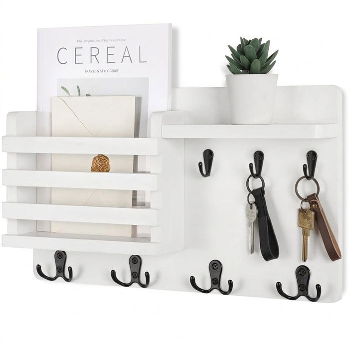 Rustic Wall-Mounted Mail Organiser with Key Hooks & Floating Shelf