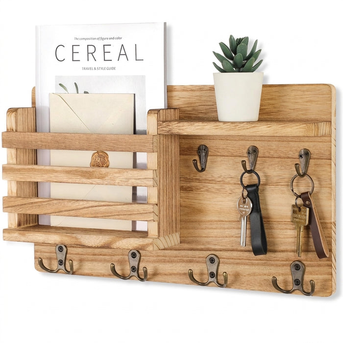 Rustic Wall-Mounted Mail Organiser with Key Hooks & Floating Shelf