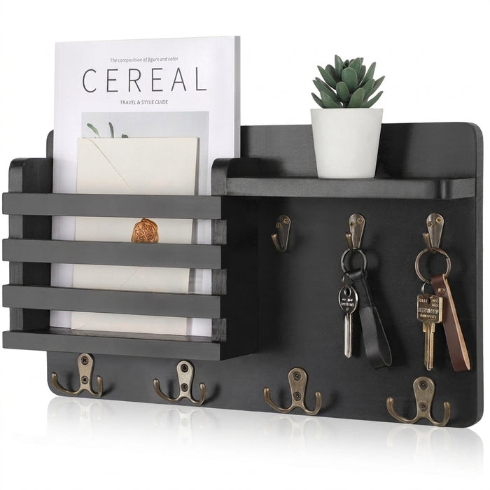 Rustic Wall-Mounted Mail Organiser with Key Hooks & Floating Shelf