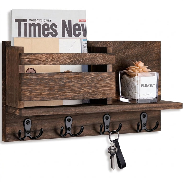 Wooden Wall-Mounted Key and Mail Holder — Rustic Letter Sorter with 4 Hooks