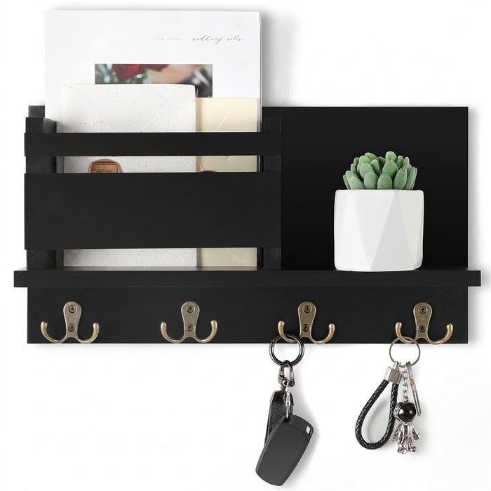 Wooden Wall-Mounted Key and Mail Holder — Rustic Letter Sorter with 4 Hooks