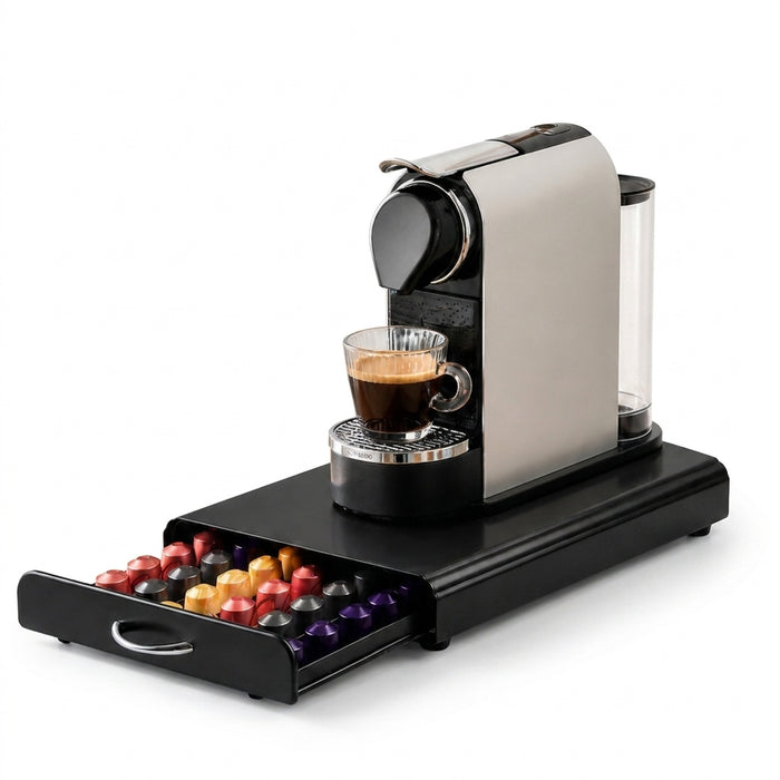 Coffee Pod Drawer & Machine Stand — Dust‑Proof Black (Holds 54 Pods)