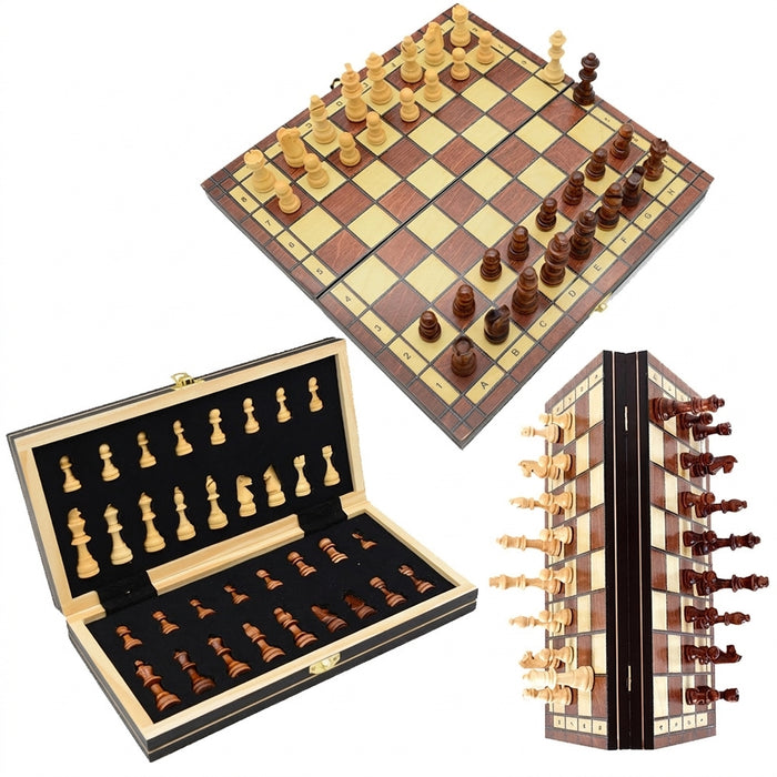 Magnetic Wooden Chess, Checkers & Backgammon Set — Foldable Travel Board with Extra Queens