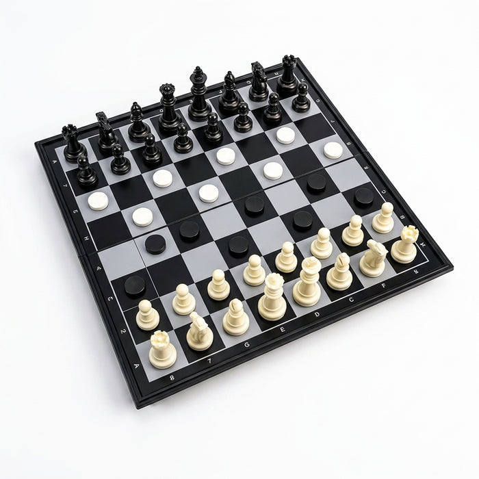 3-in-1 Folding Chess, Checkers & Backgammon Set — Portable Travel Board (4 Sizes)