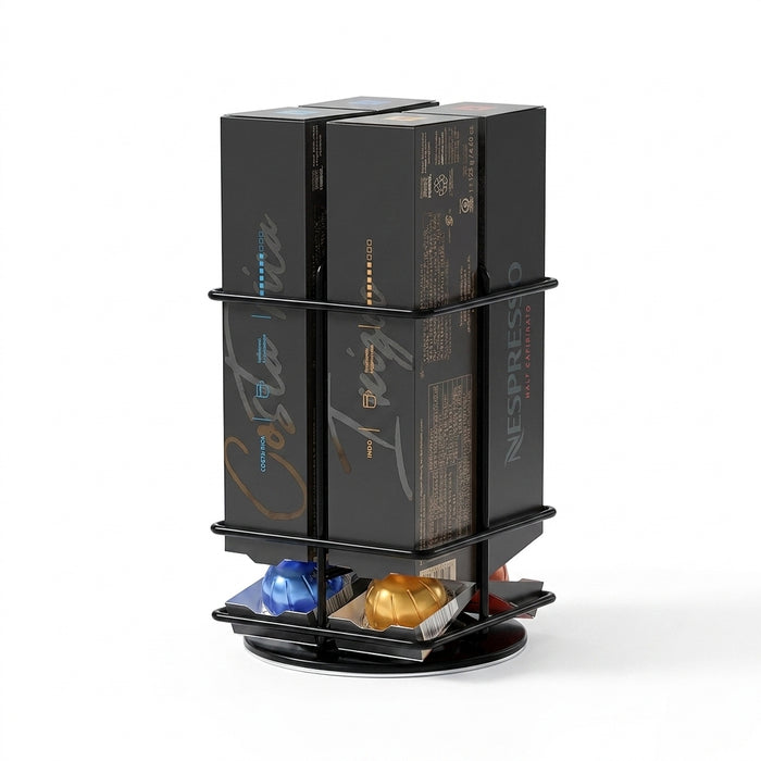40‑Pod VertuoLine Carousel Pod Holder — 360° Rotating Wire Stand, Black